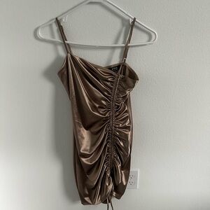 Privy Gold Bodycon Mini Dress with Ruched Asymmetrical Design